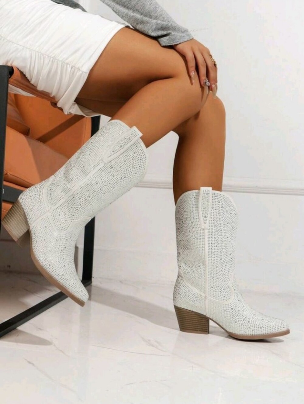 White Rhinestone Western Boots For Women, Mid Calf Chunky Heel Pointed Toe